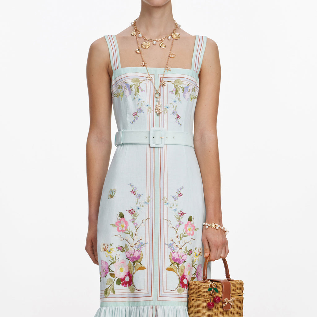 Mint Floral Linen Midi Dress