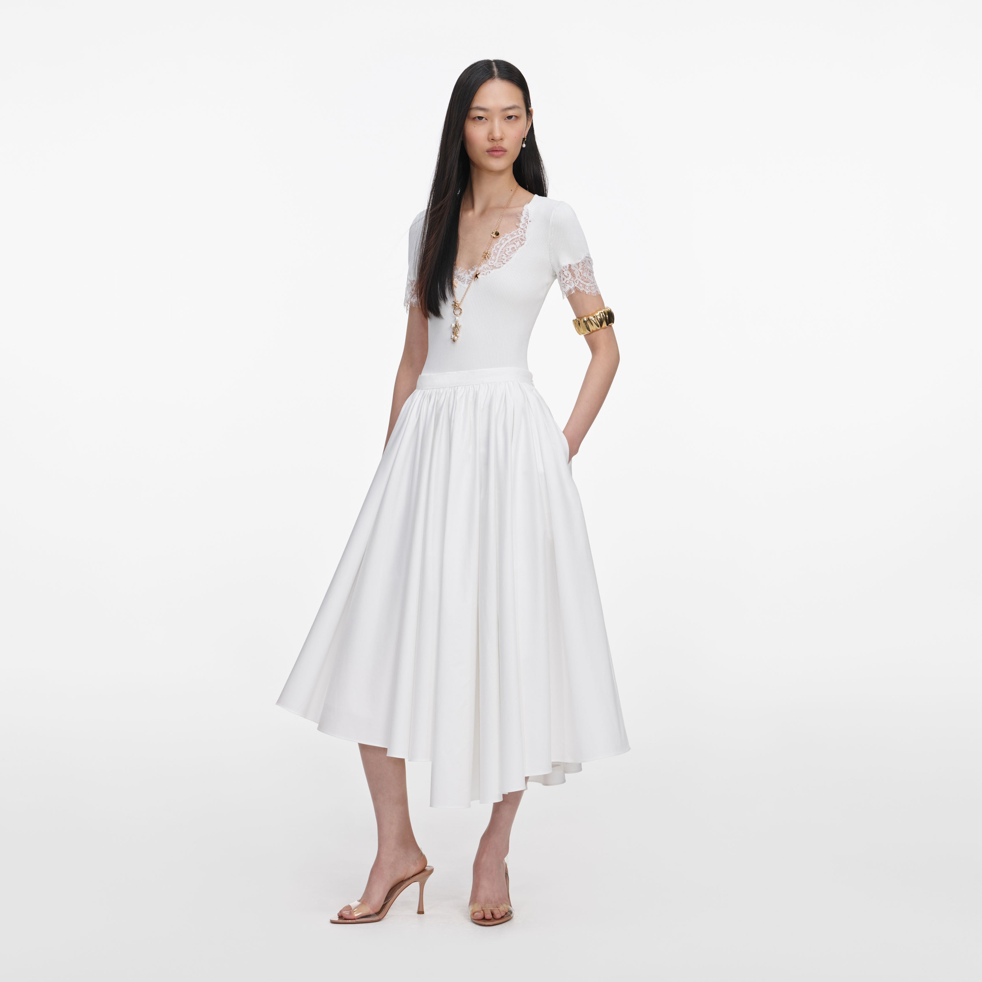 White Cotton Poplin Midi Skirt