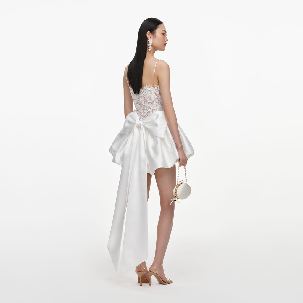 White Sequin Lace Bow Mini Dress