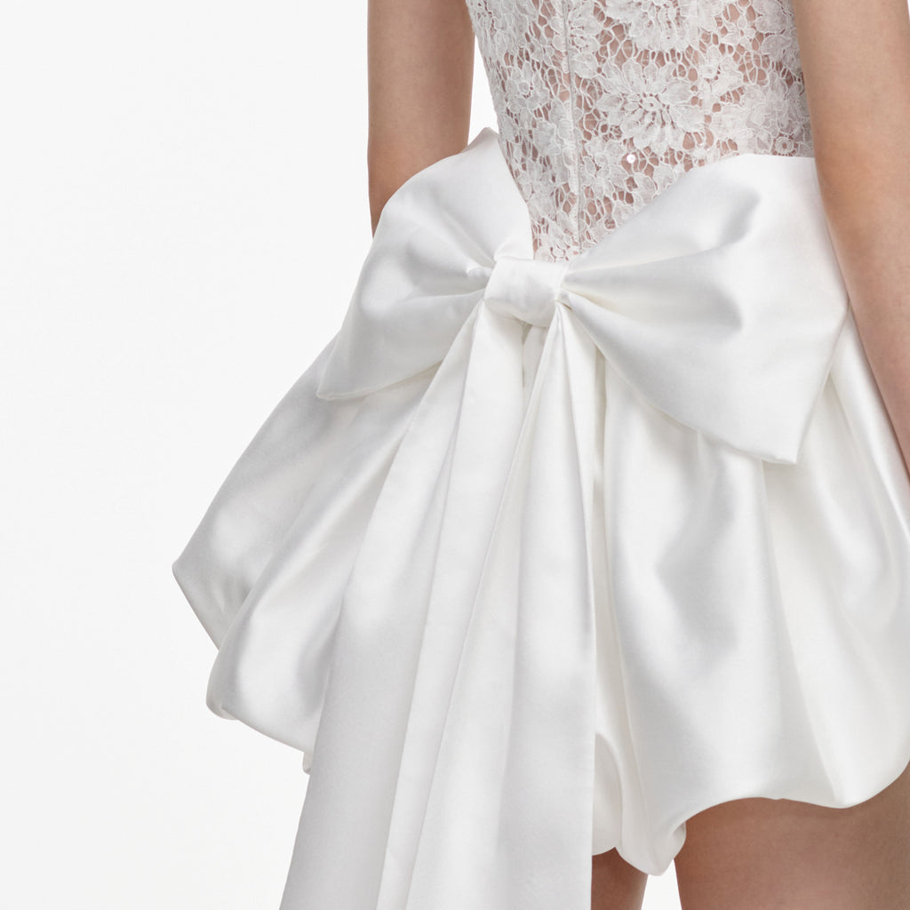 White Sequin Lace Bow Mini Dress