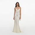 Cream Satin Jacquard Embellished Maxi Dress