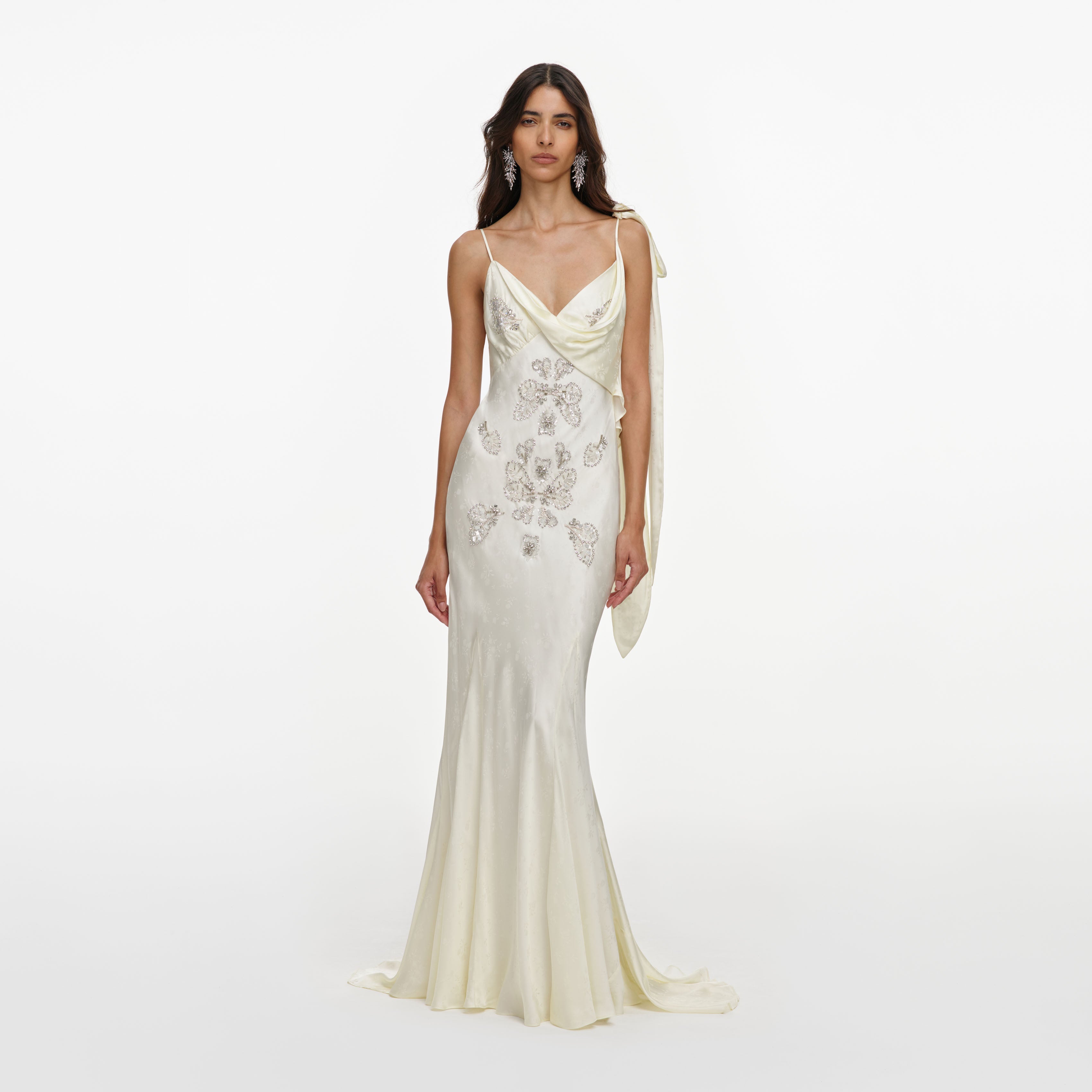 Cream Satin Jacquard Embellished Maxi Dress