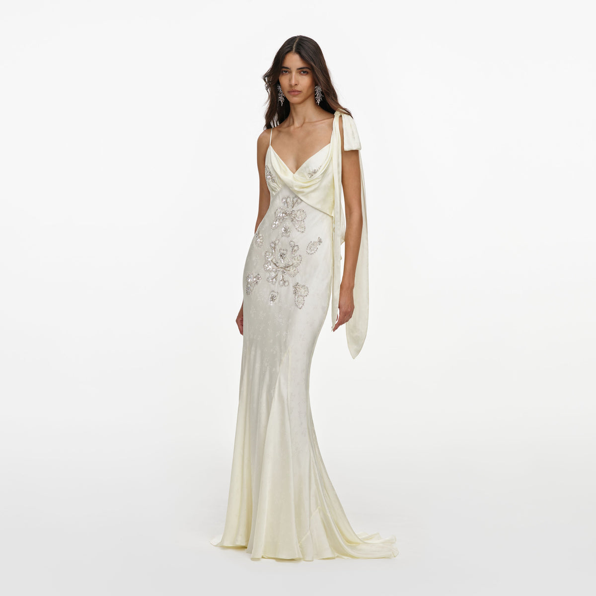 Cream Satin Jacquard Embellished Maxi Dress