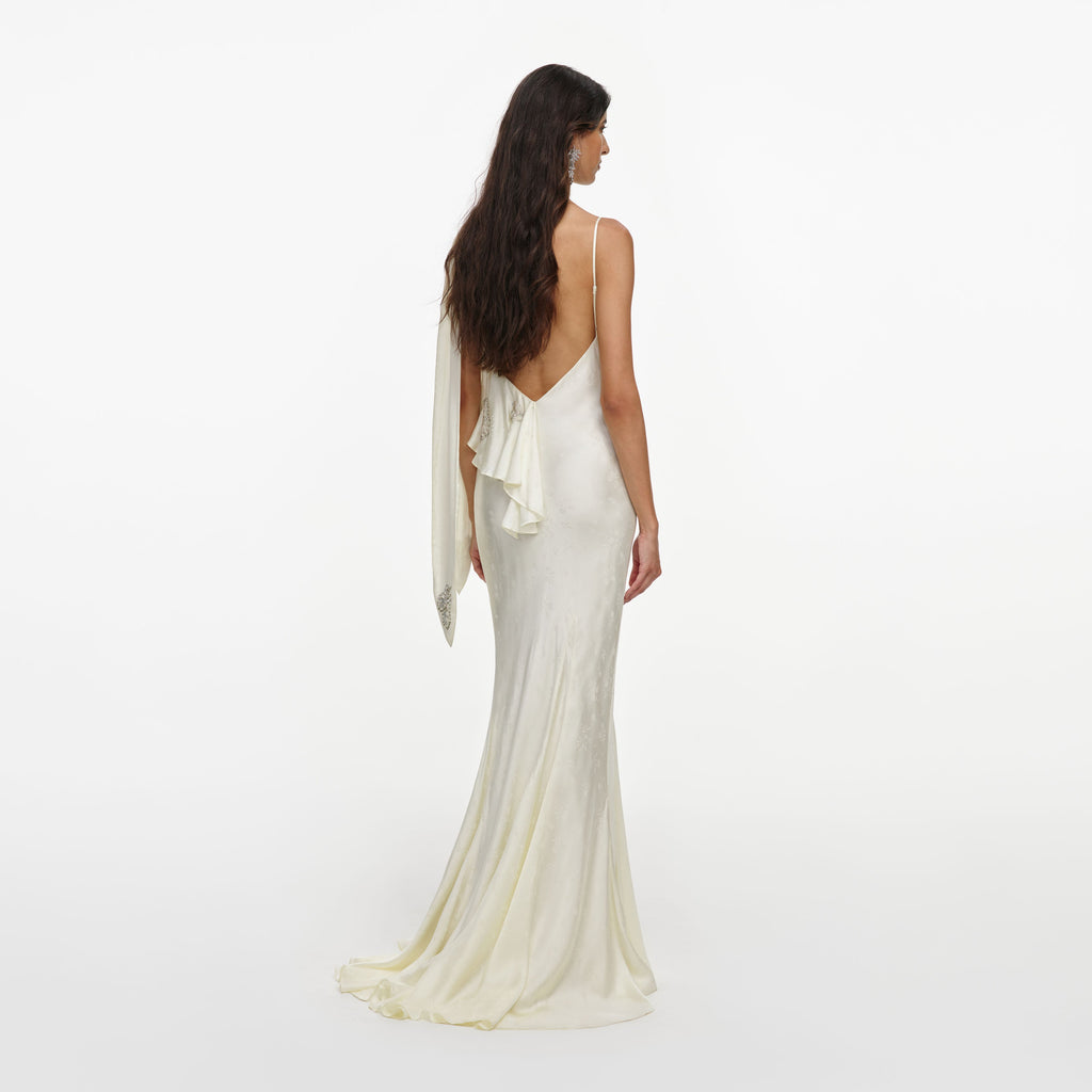 Cream Satin Jacquard Embellished Maxi Dress