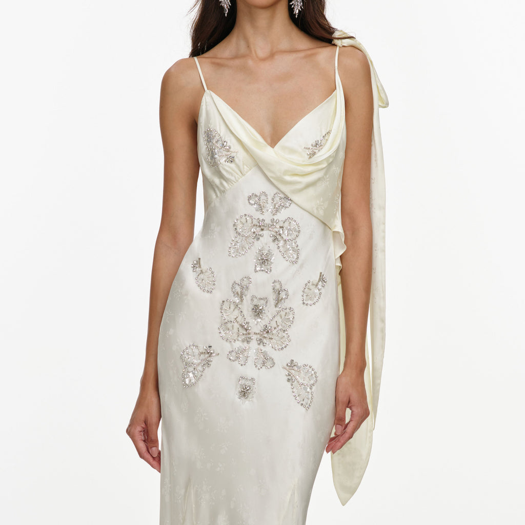 Cream Satin Jacquard Embellished Maxi Dress