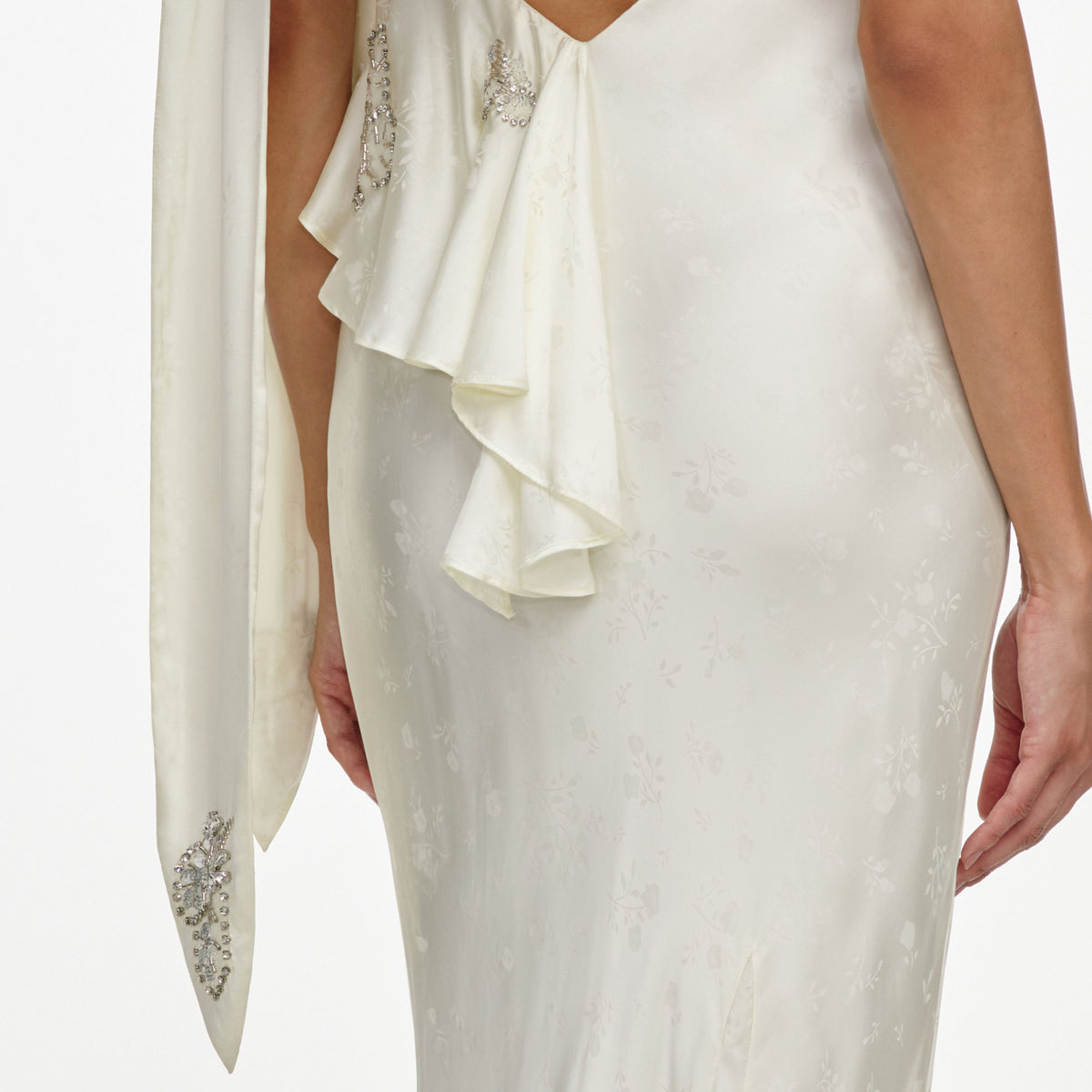 Cream Satin Jacquard Embellished Maxi Dress