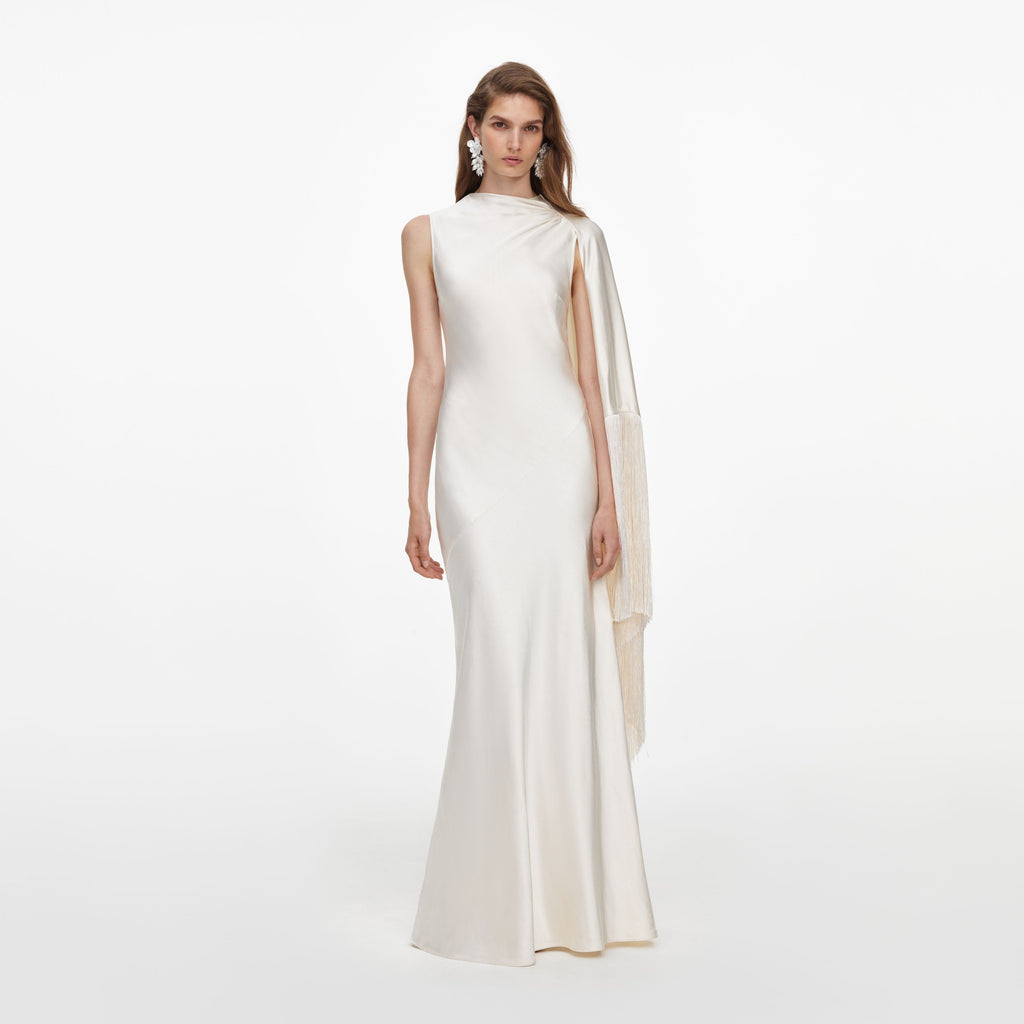 Cream Satin Fringed Maxi Dress