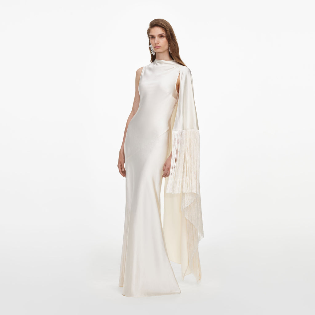 Cream Satin Fringed Maxi Dress