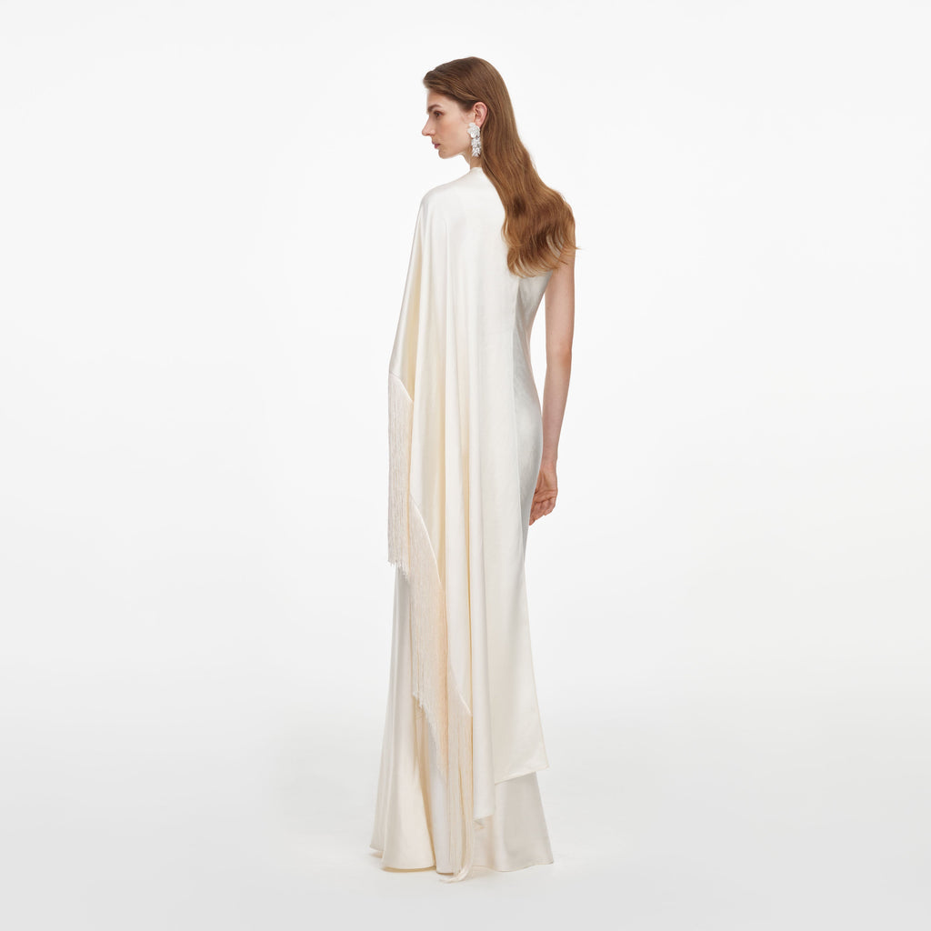 Cream Satin Fringed Maxi Dress