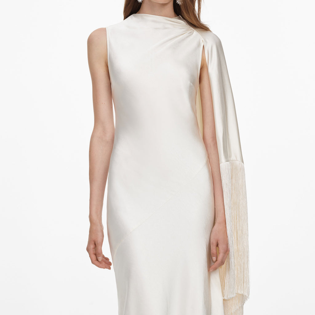 Cream Satin Fringed Maxi Dress