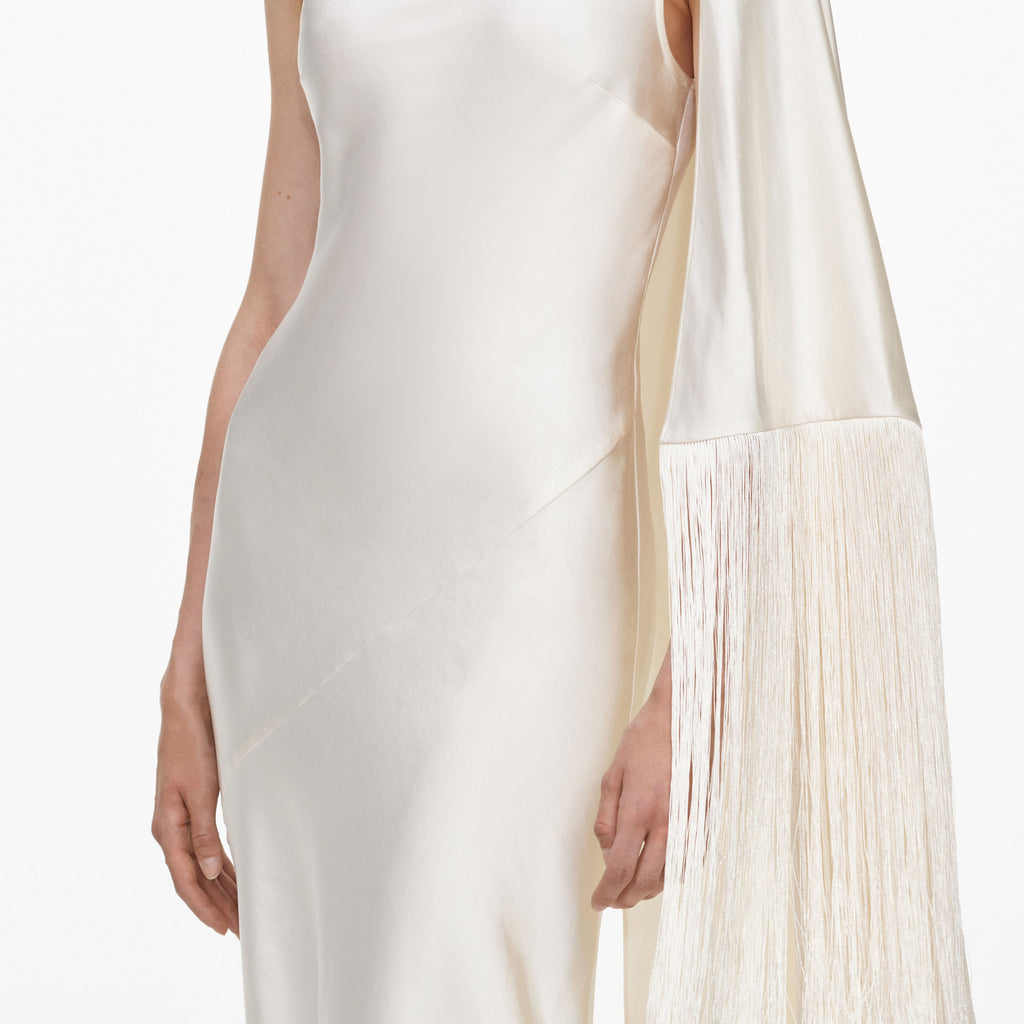 Cream Satin Fringed Maxi Dress