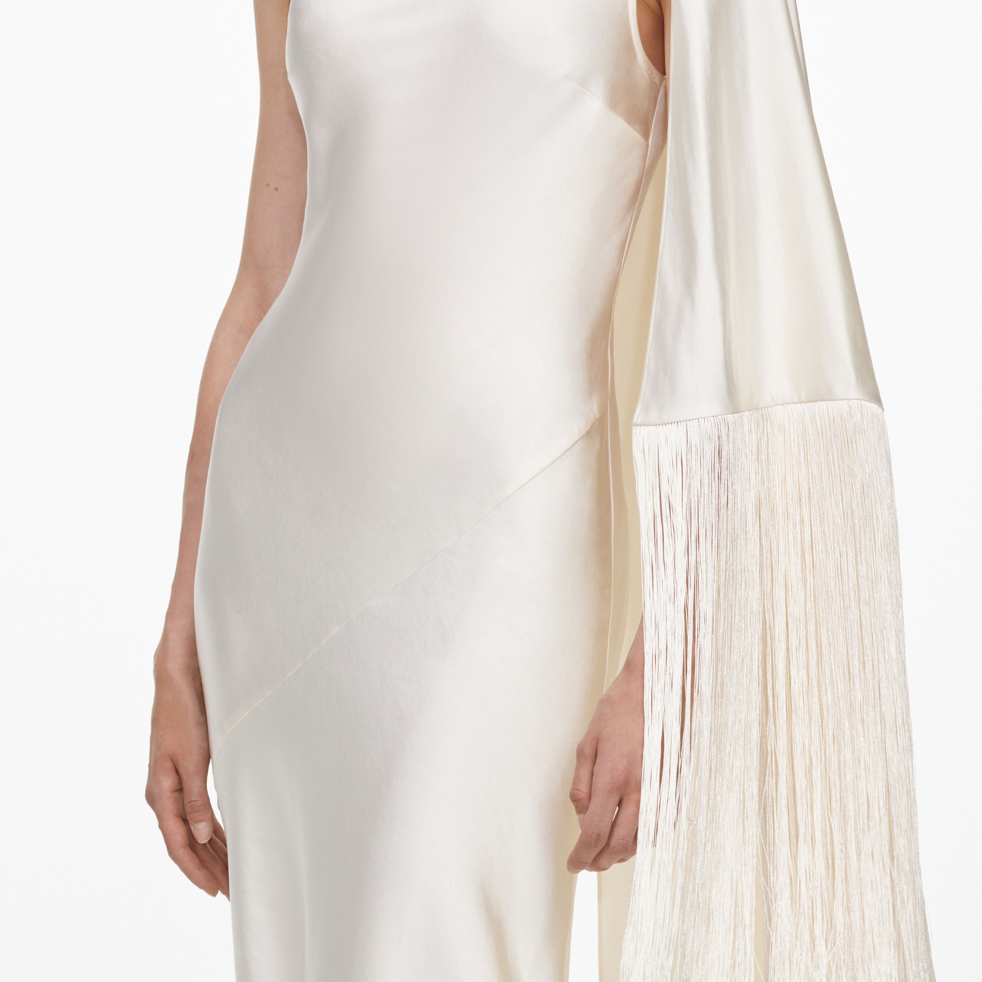 Cream Satin Fringed Maxi Dress
