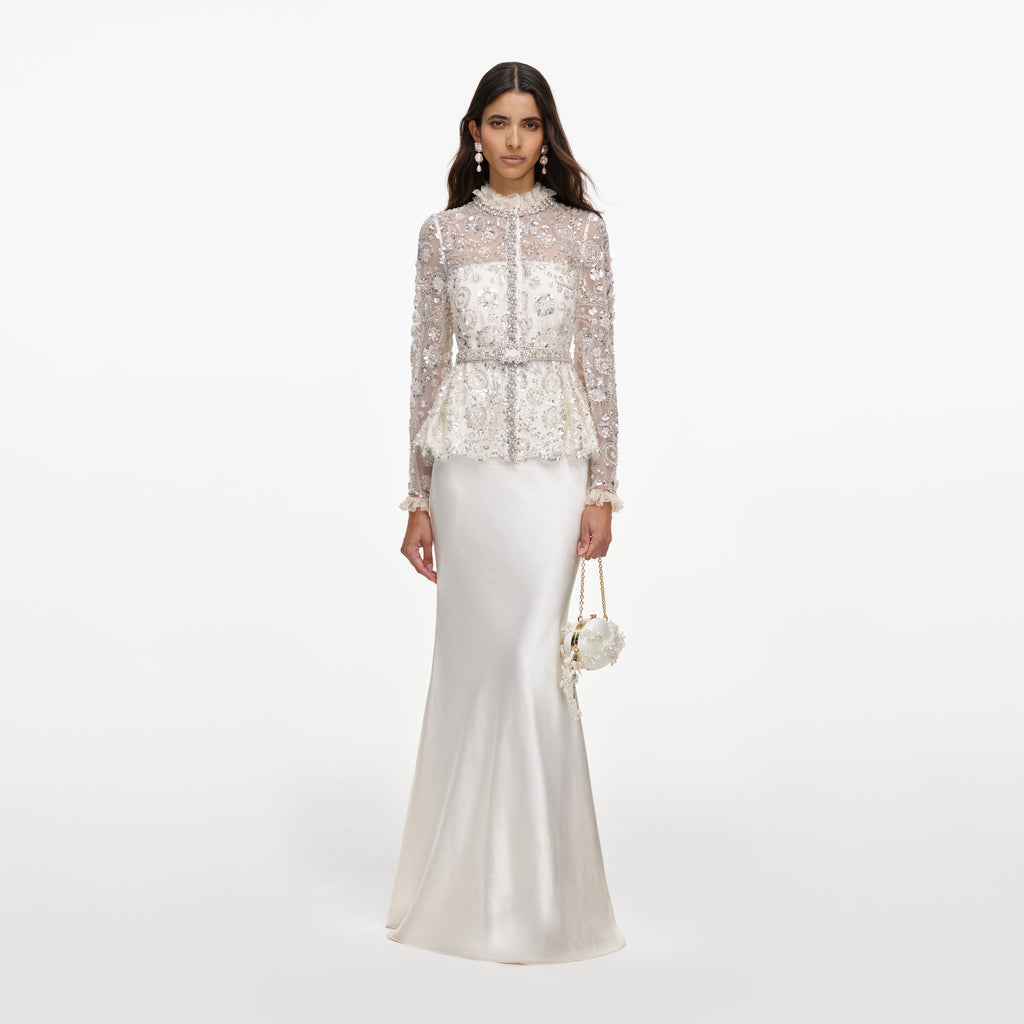 Cream Sequin Embellished Satin Maxi Dress