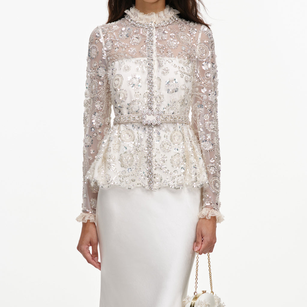 Cream Sequin Embellished Satin Maxi Dress