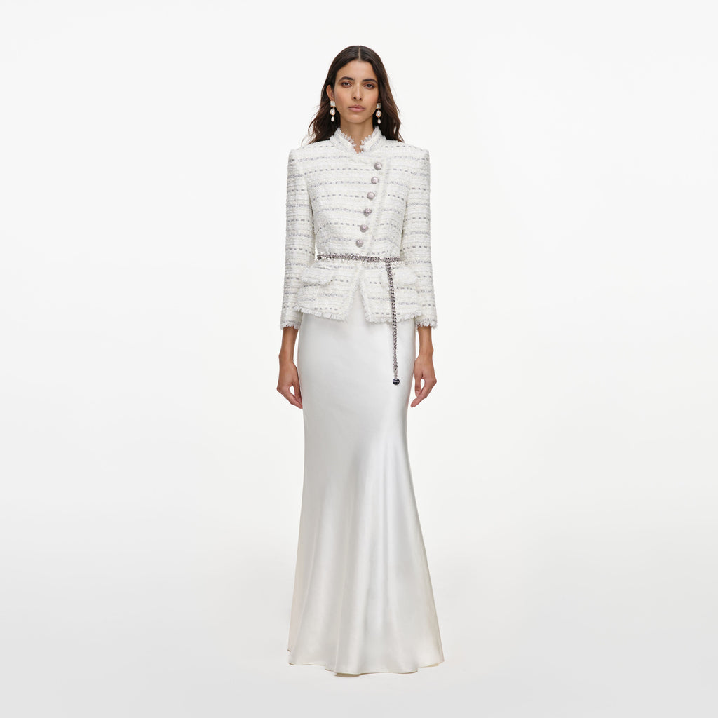 White Boucle Satin Maxi Dress