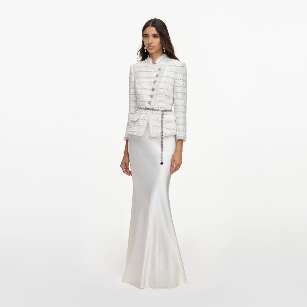 White Boucle Satin Maxi Dress