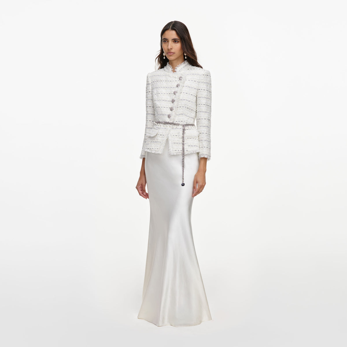 White Boucle Satin Maxi Dress