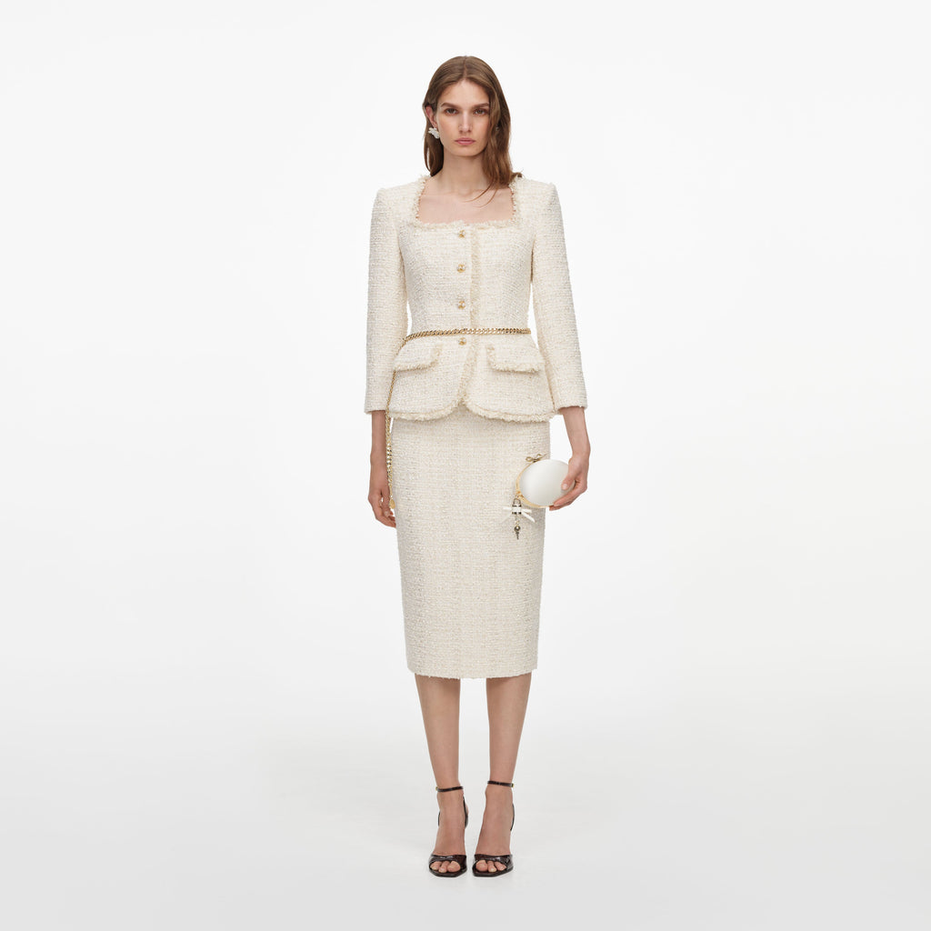 Cream Boucle Tailored Chain Midi Dress