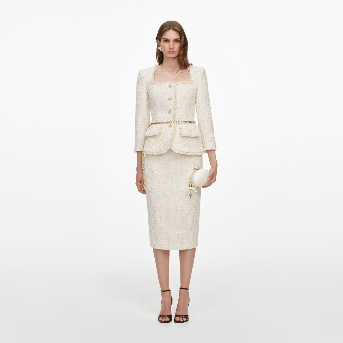 Cream Boucle Tailored Chain Midi Dress