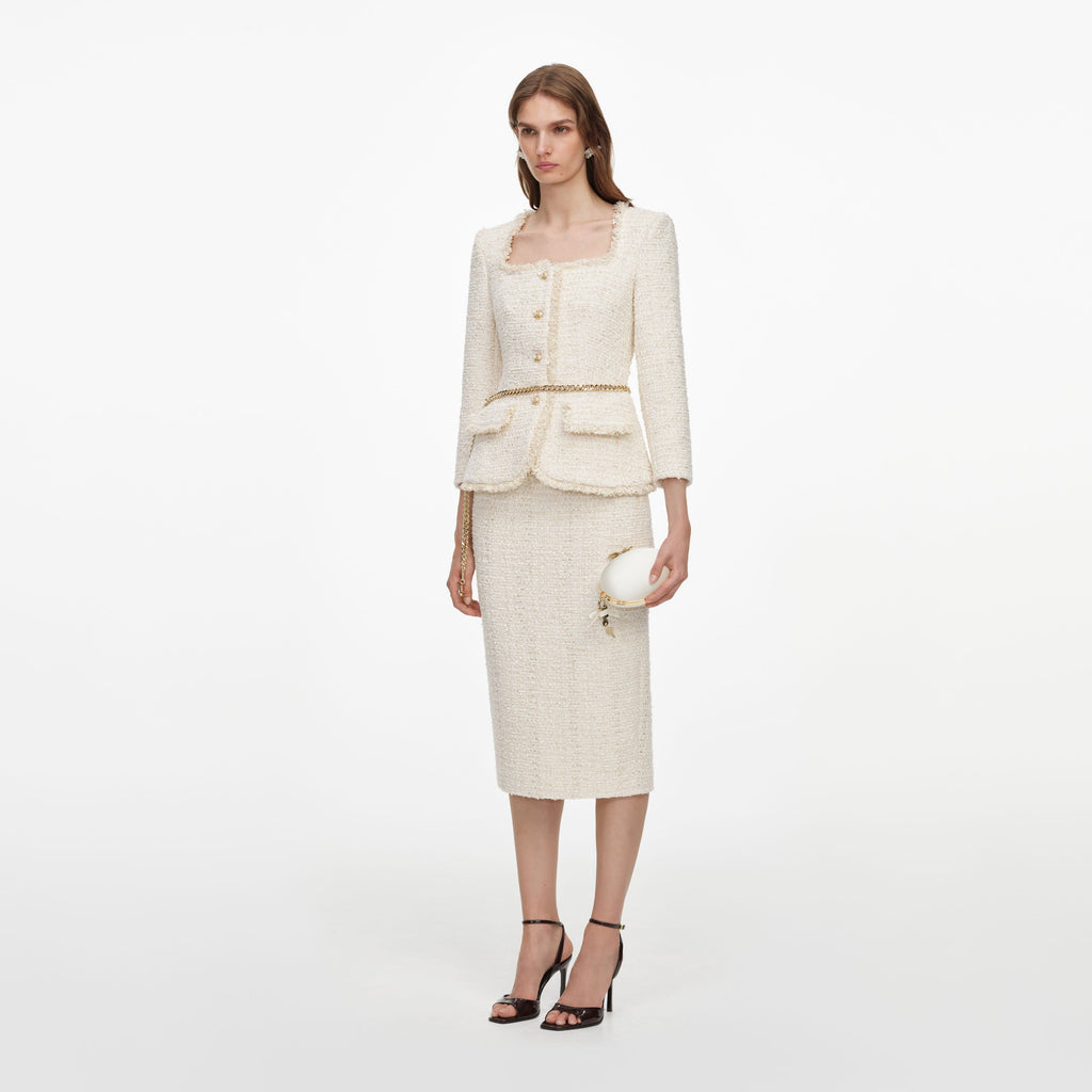 Cream Boucle Tailored Chain Midi Dress