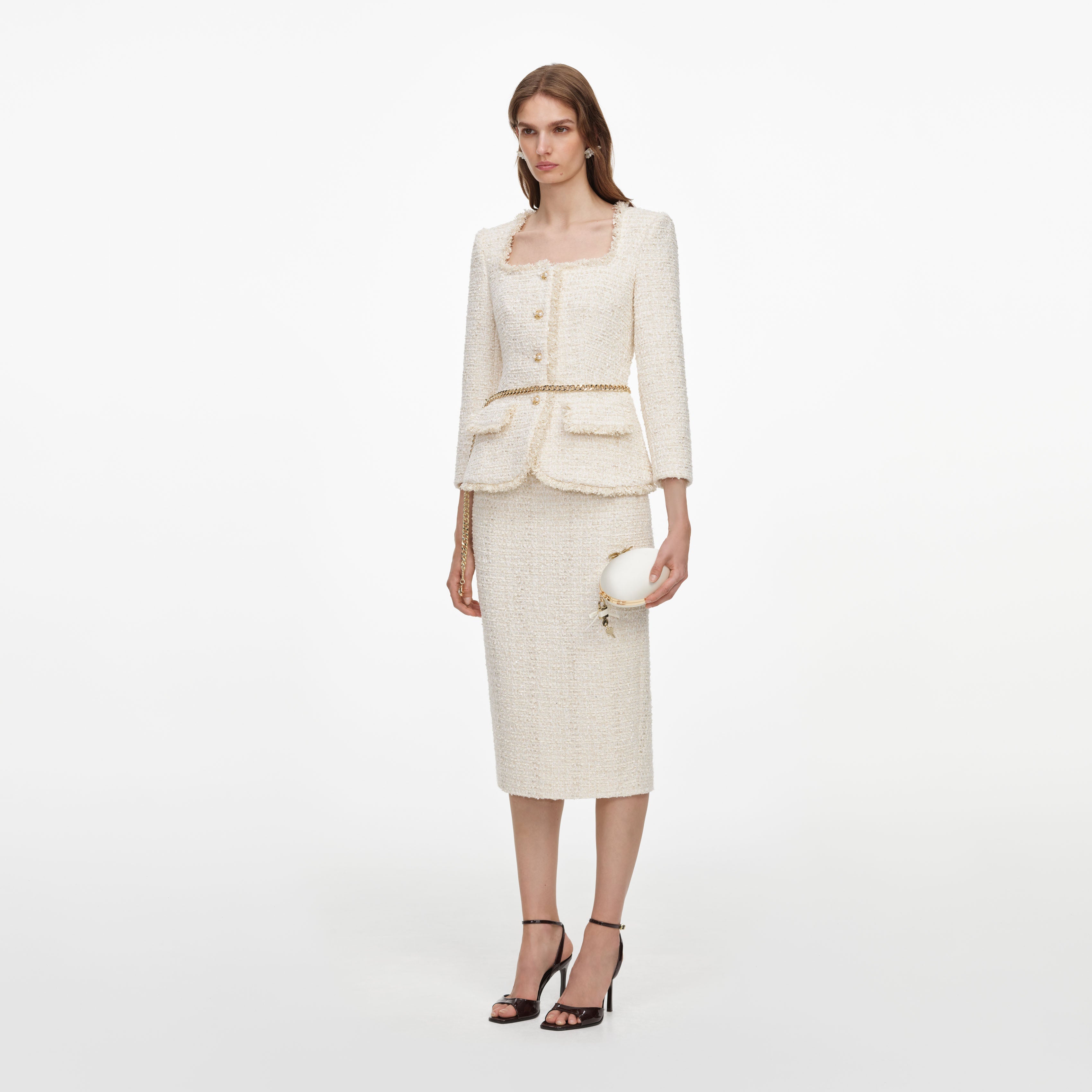 Cream Boucle Tailored Chain Midi Dress