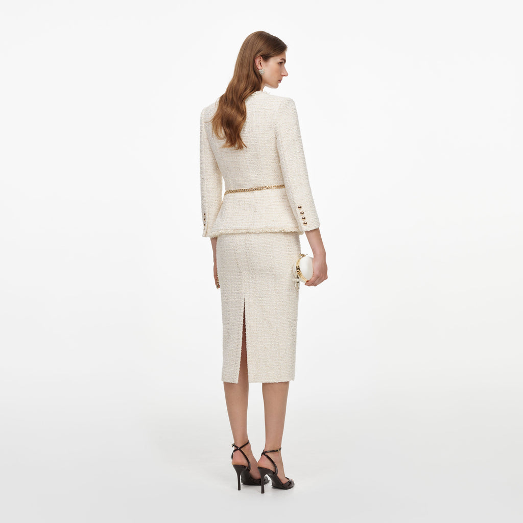 Cream Boucle Tailored Chain Midi Dress