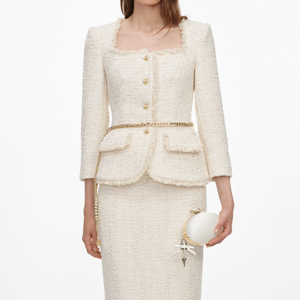 Cream Boucle Tailored Chain Midi Dress