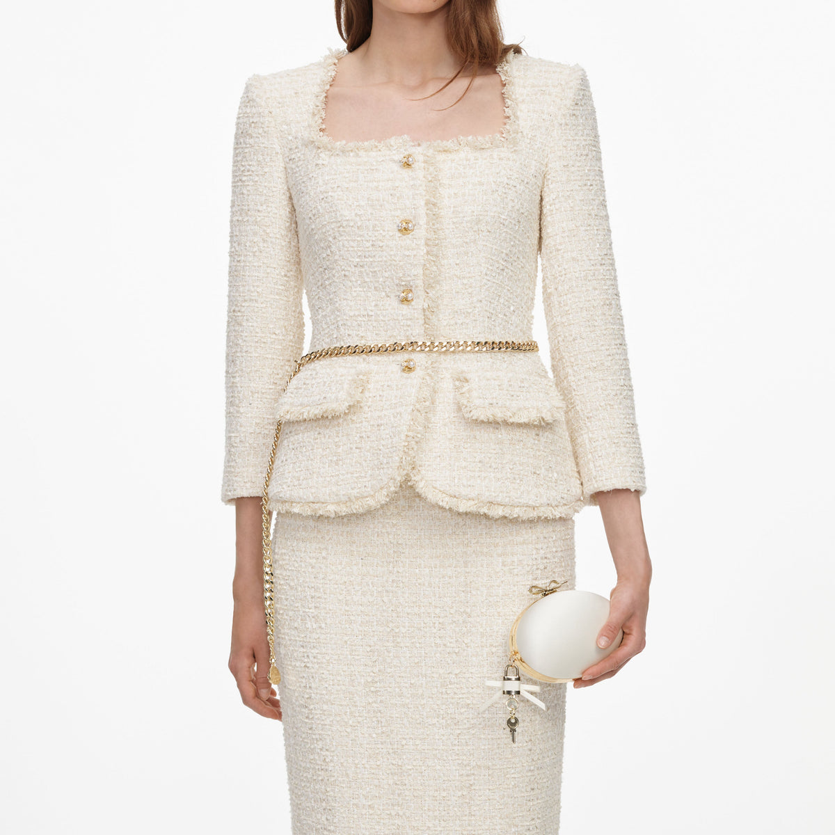 Cream Boucle Tailored Chain Midi Dress