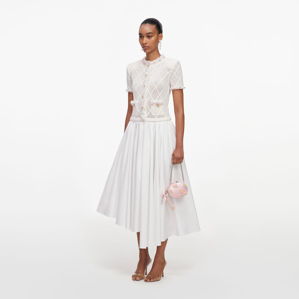Cream Fringe Knit Cotton Midi Dress