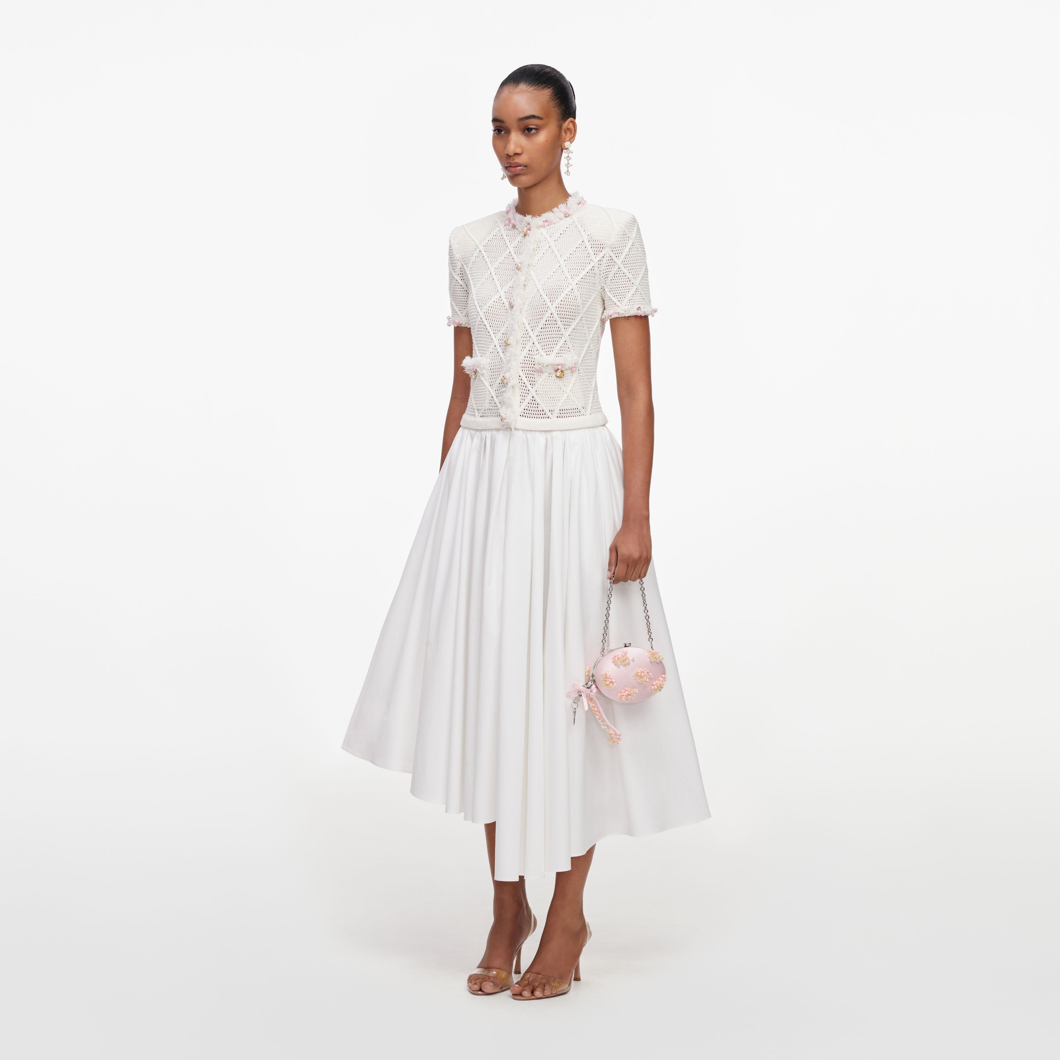 Cream Fringe Knit Cotton Midi Dress