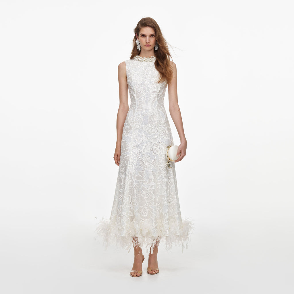White Sequin Lace Feather Midi Dress