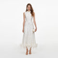 White Sequin Lace Feather Midi Dress