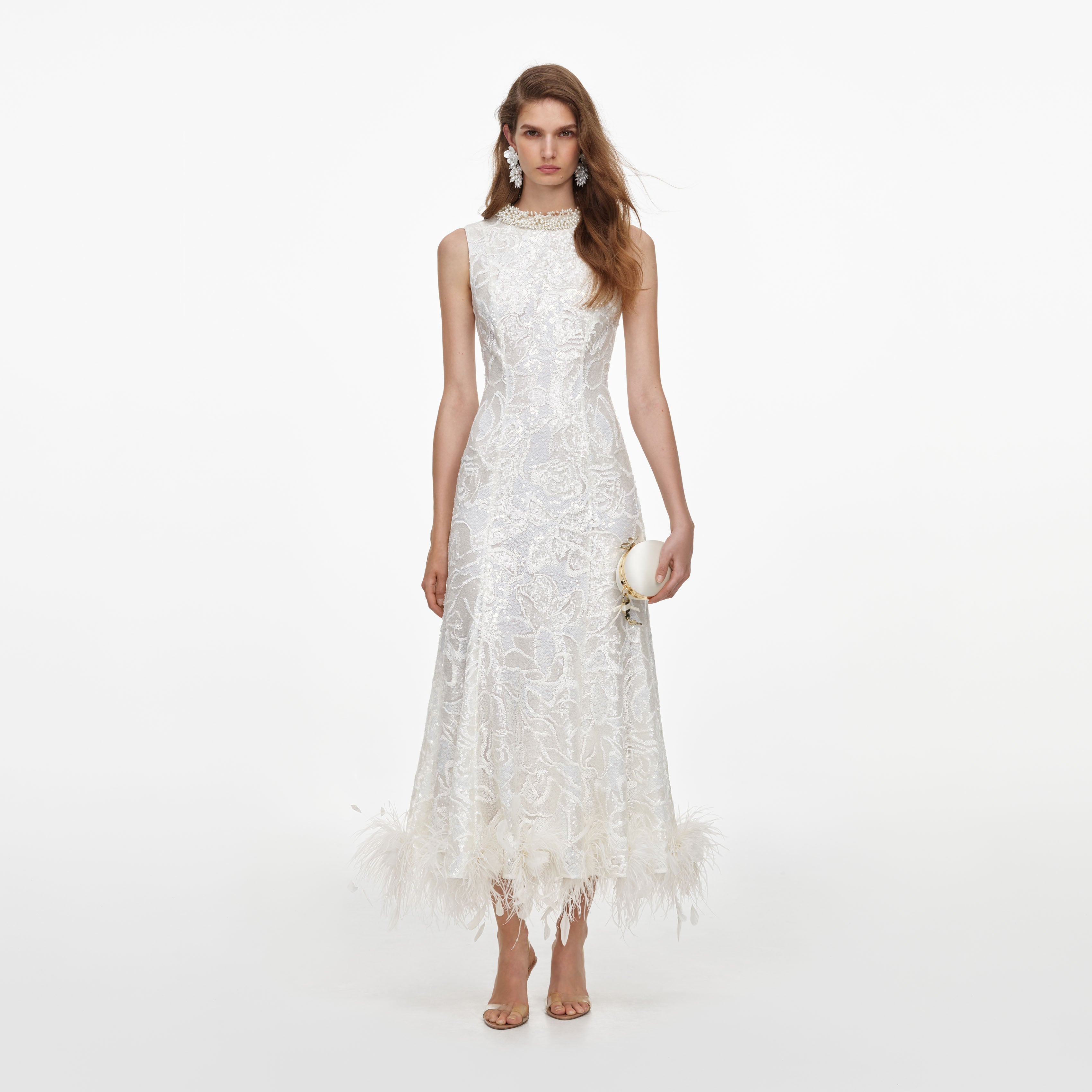 White Sequin Lace Feather Midi Dress