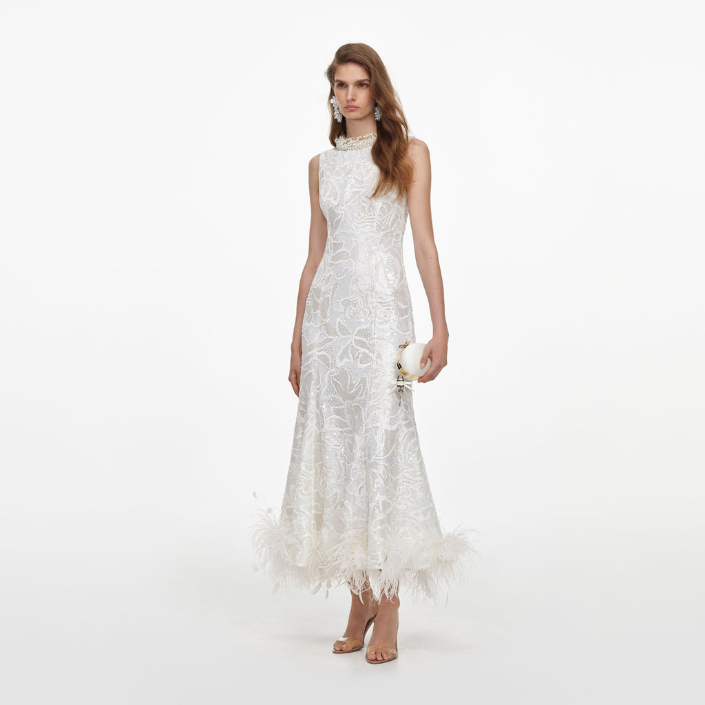 White Sequin Lace Feather Midi Dress