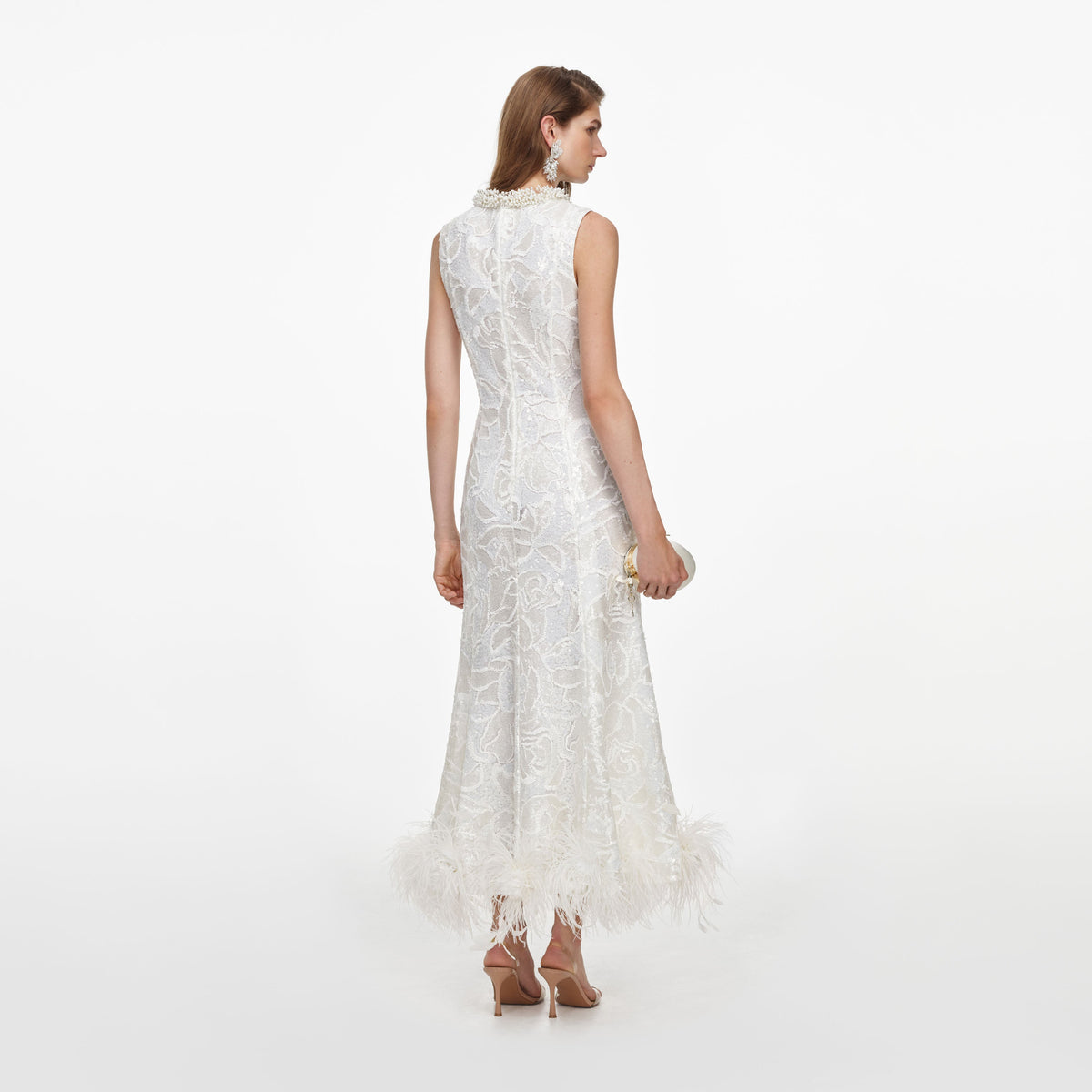 White Sequin Lace Feather Midi Dress