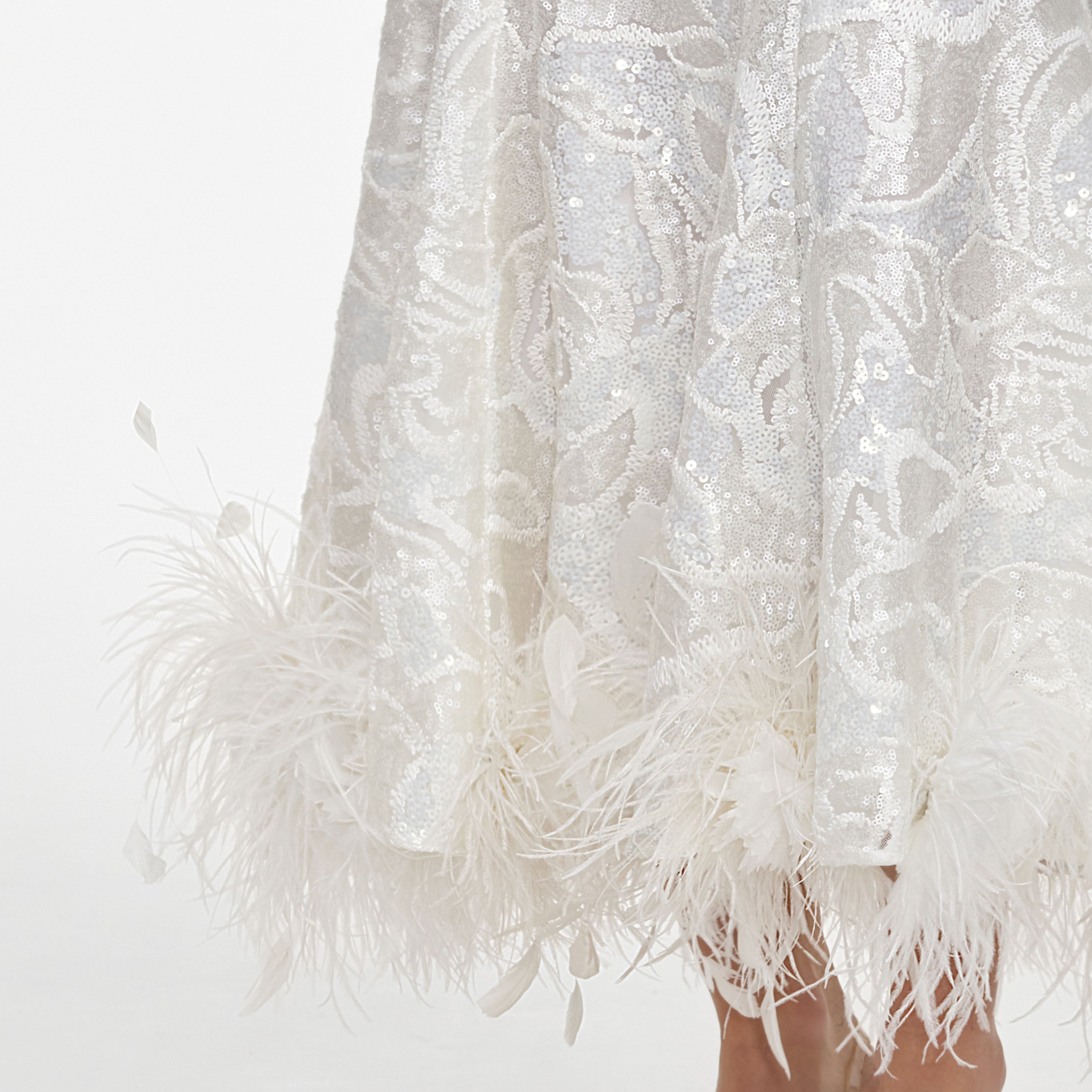 White Sequin Lace Feather Midi Dress