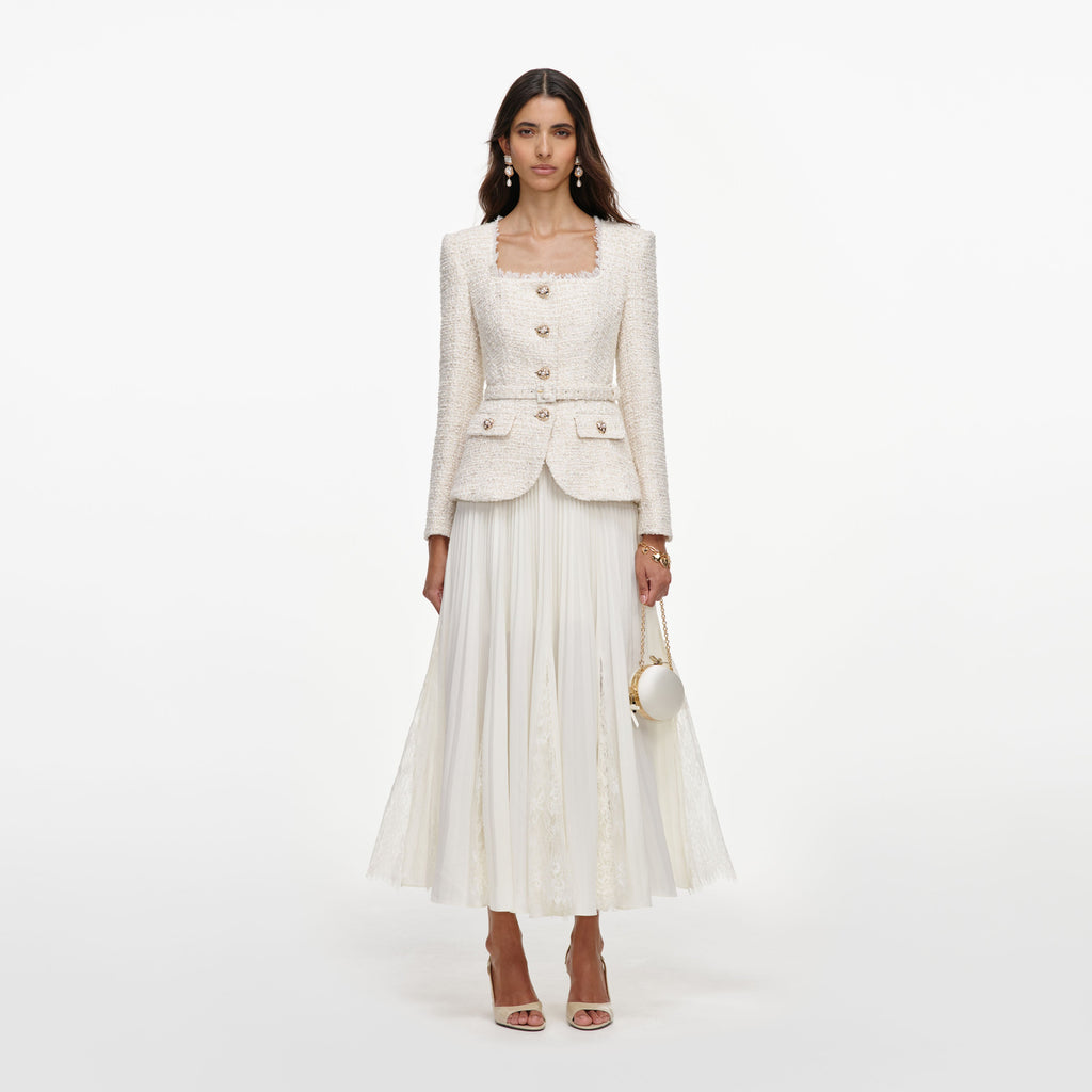 Cream Tailored Boucle And Chiffon Midi Dress