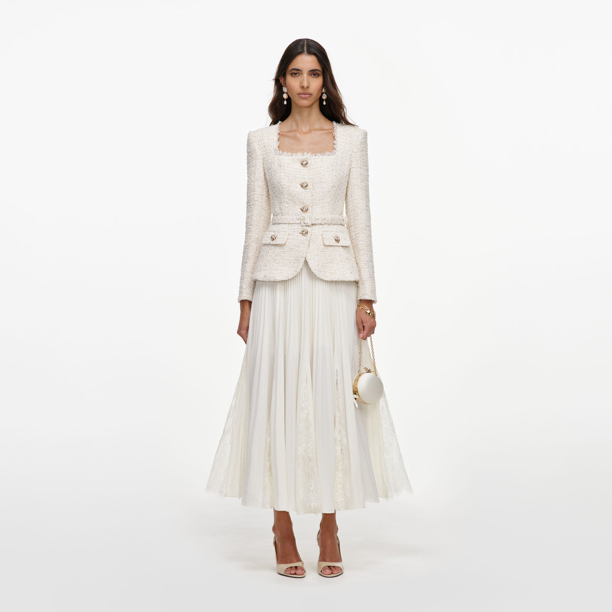 Cream Tailored Boucle And Chiffon Midi Dress