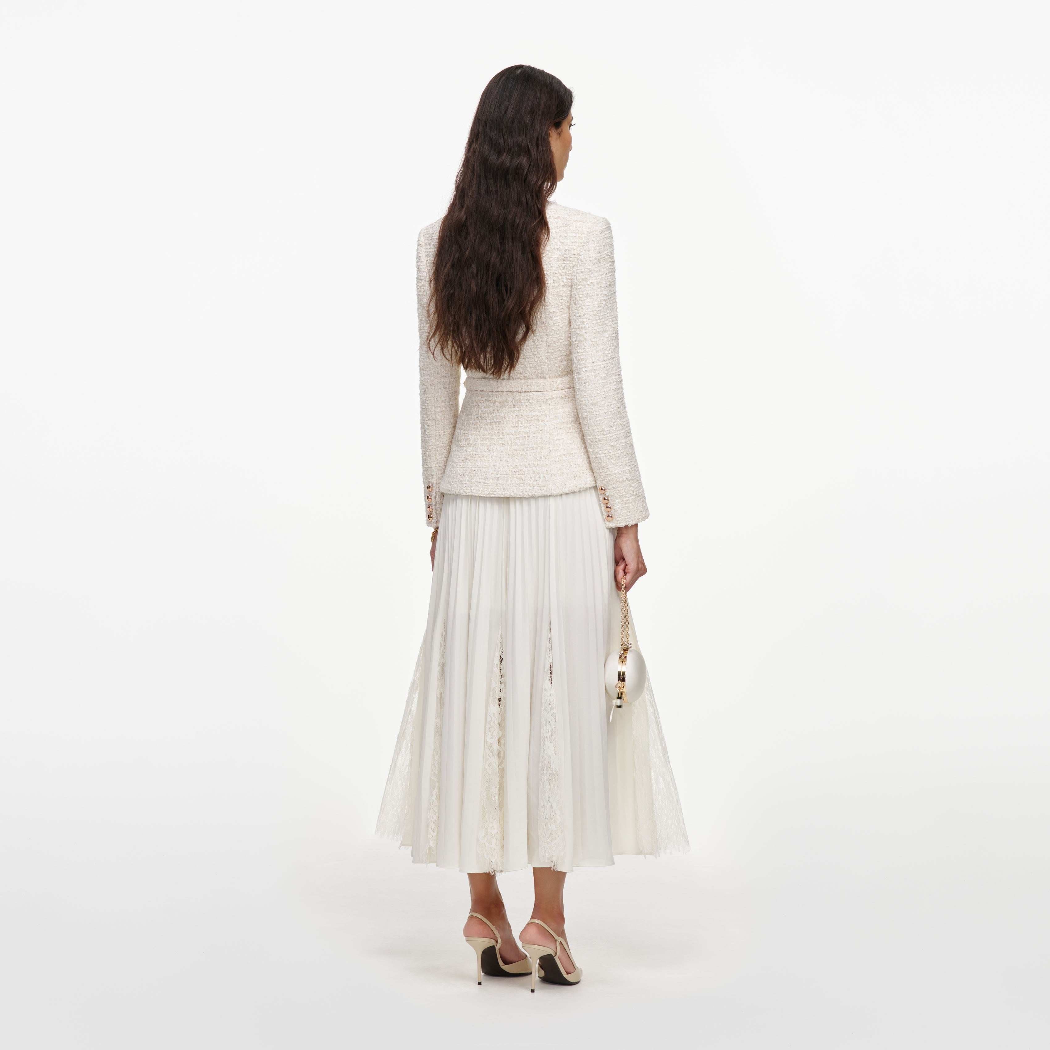 Cream Tailored Boucle And Chiffon Midi Dress