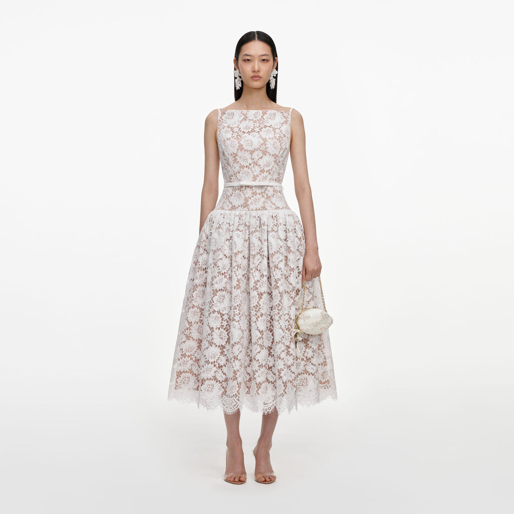 White Lace Flared Midi Dress