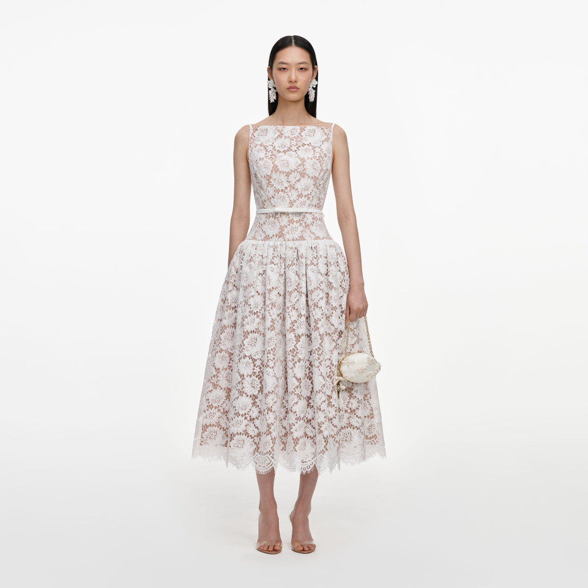 White Lace Flared Midi Dress