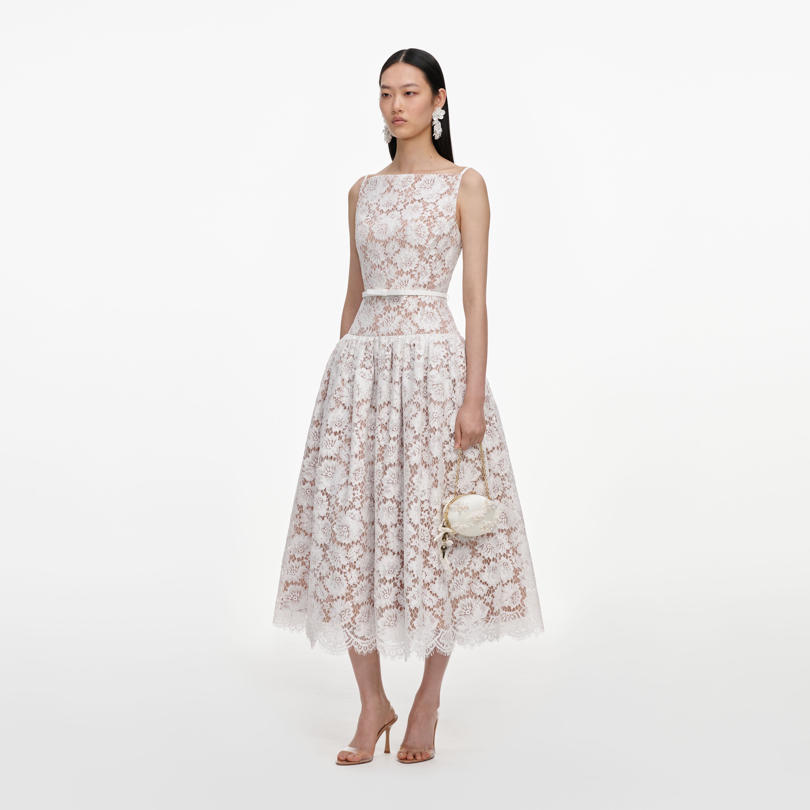 White Lace Flared Midi Dress