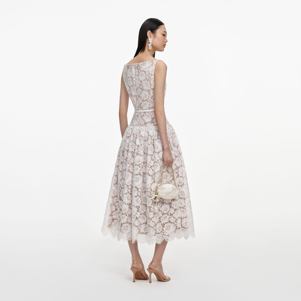 White Lace Flared Midi Dress