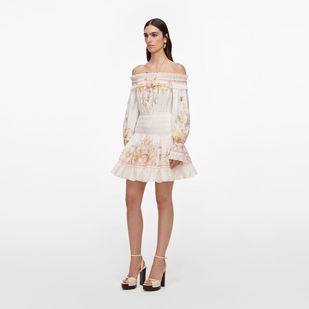 Cream Floral Organza Ruffle Mini Dress