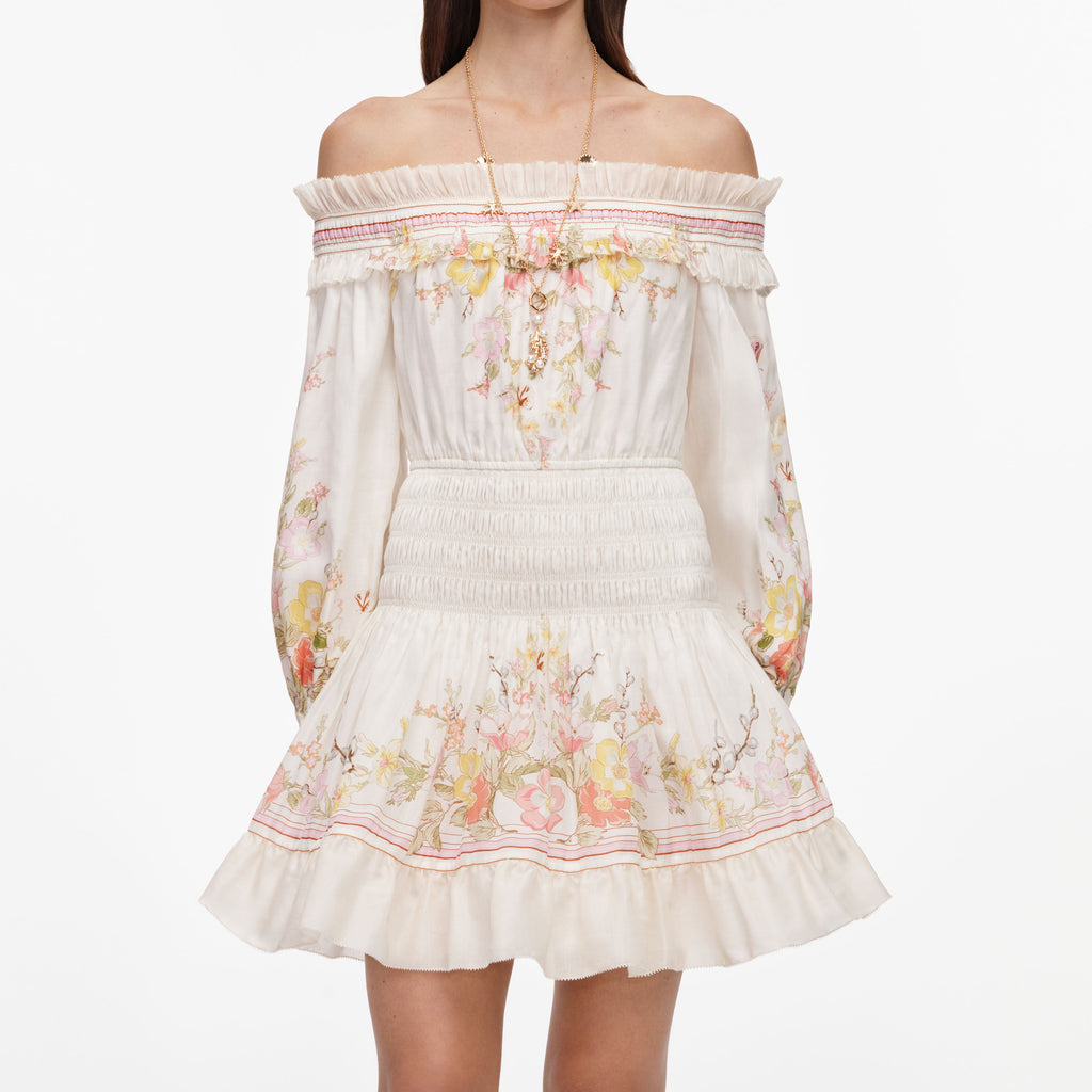 Cream Floral Organza Ruffle Mini Dress