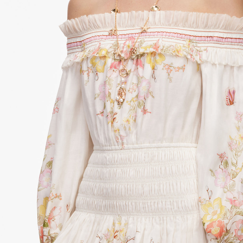 Cream Floral Organza Ruffle Mini Dress
