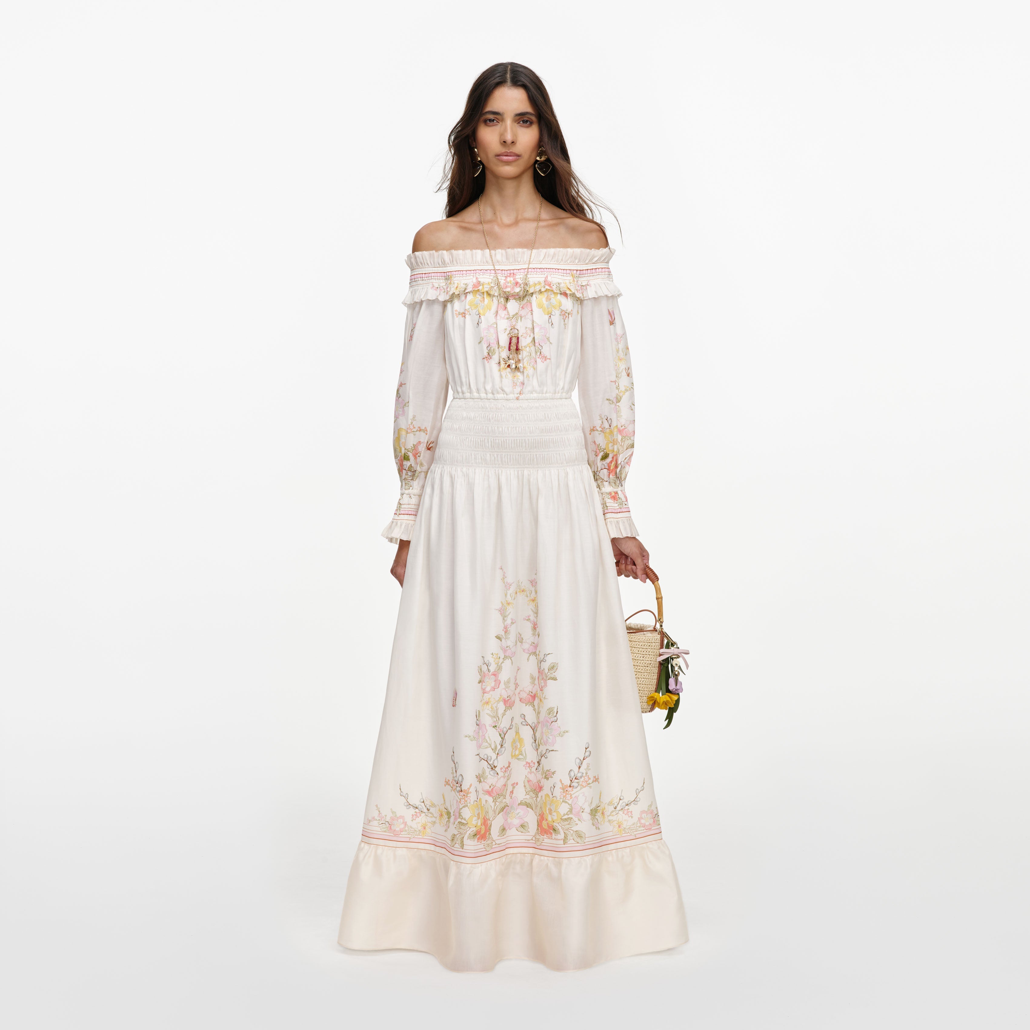 Cream Floral Organza Ruffle Maxi Dress