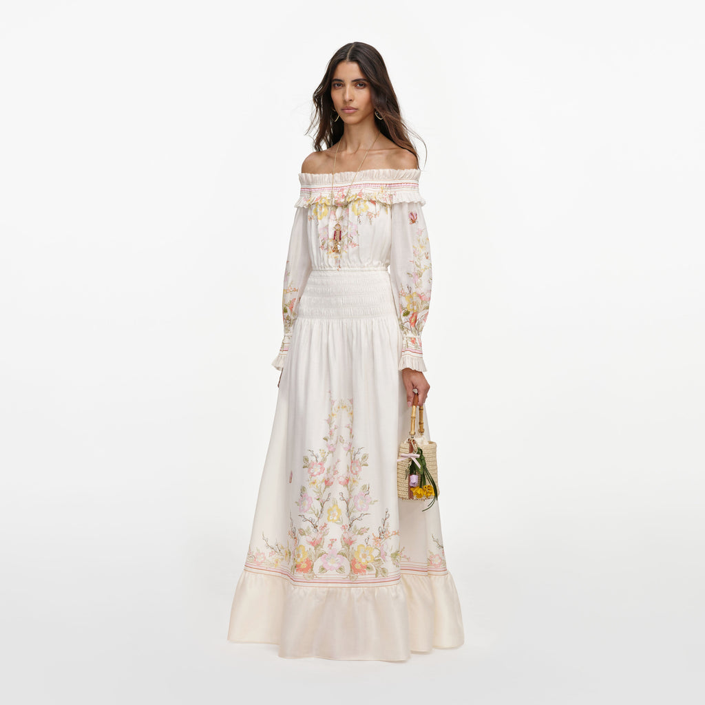 Cream Floral Organza Ruffle Maxi Dress