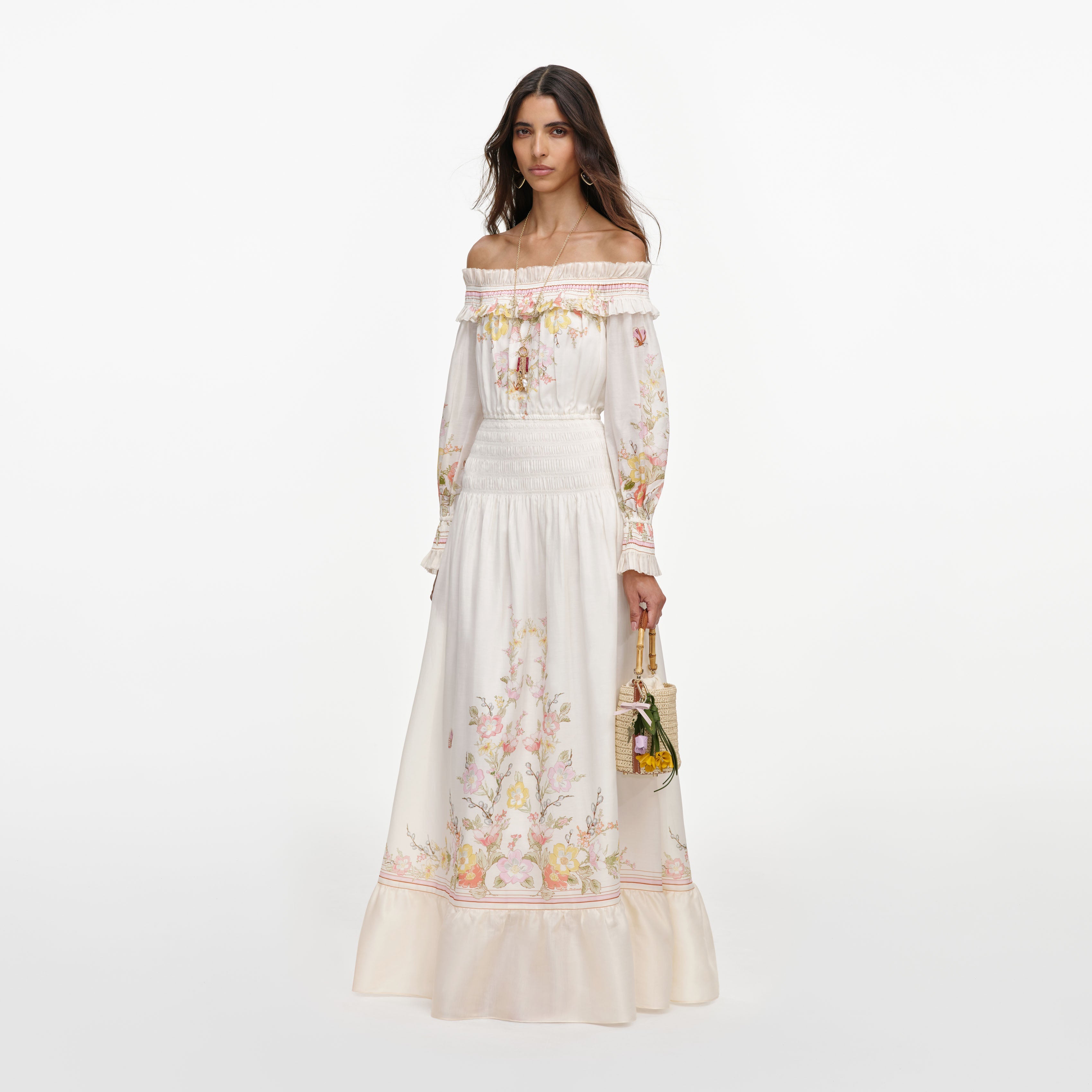 Cream Floral Organza Ruffle Maxi Dress
