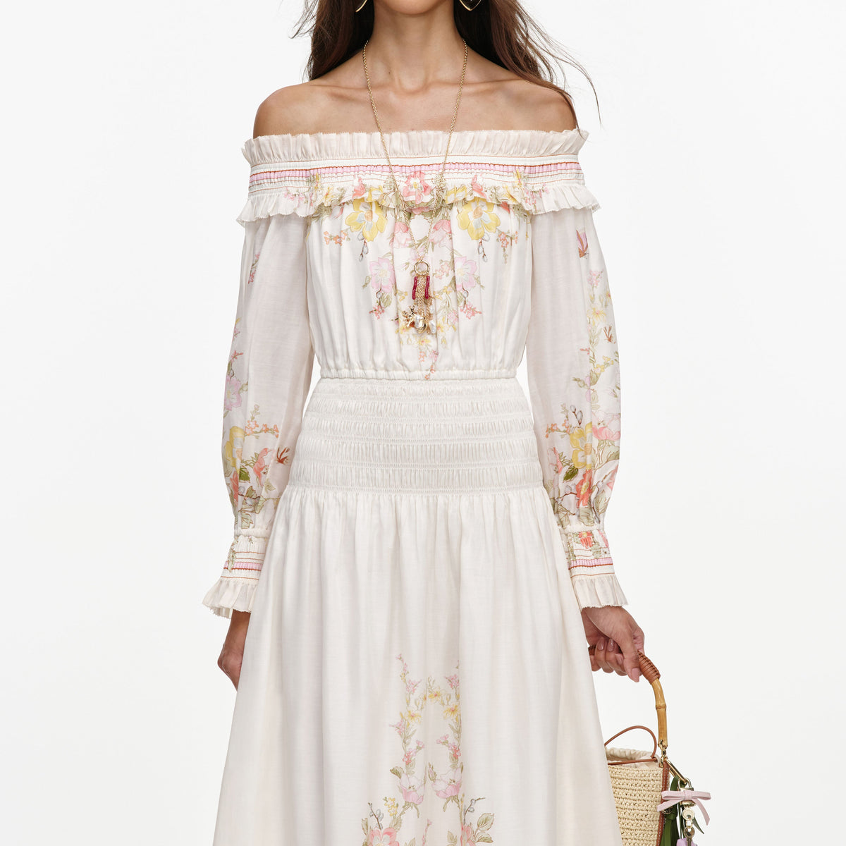 Cream Floral Organza Ruffle Maxi Dress